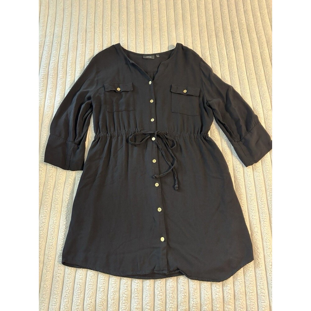 Apt. 9 Long Sleeve Button Front Shirt Dress Womens Large Black Gold Tie Waist